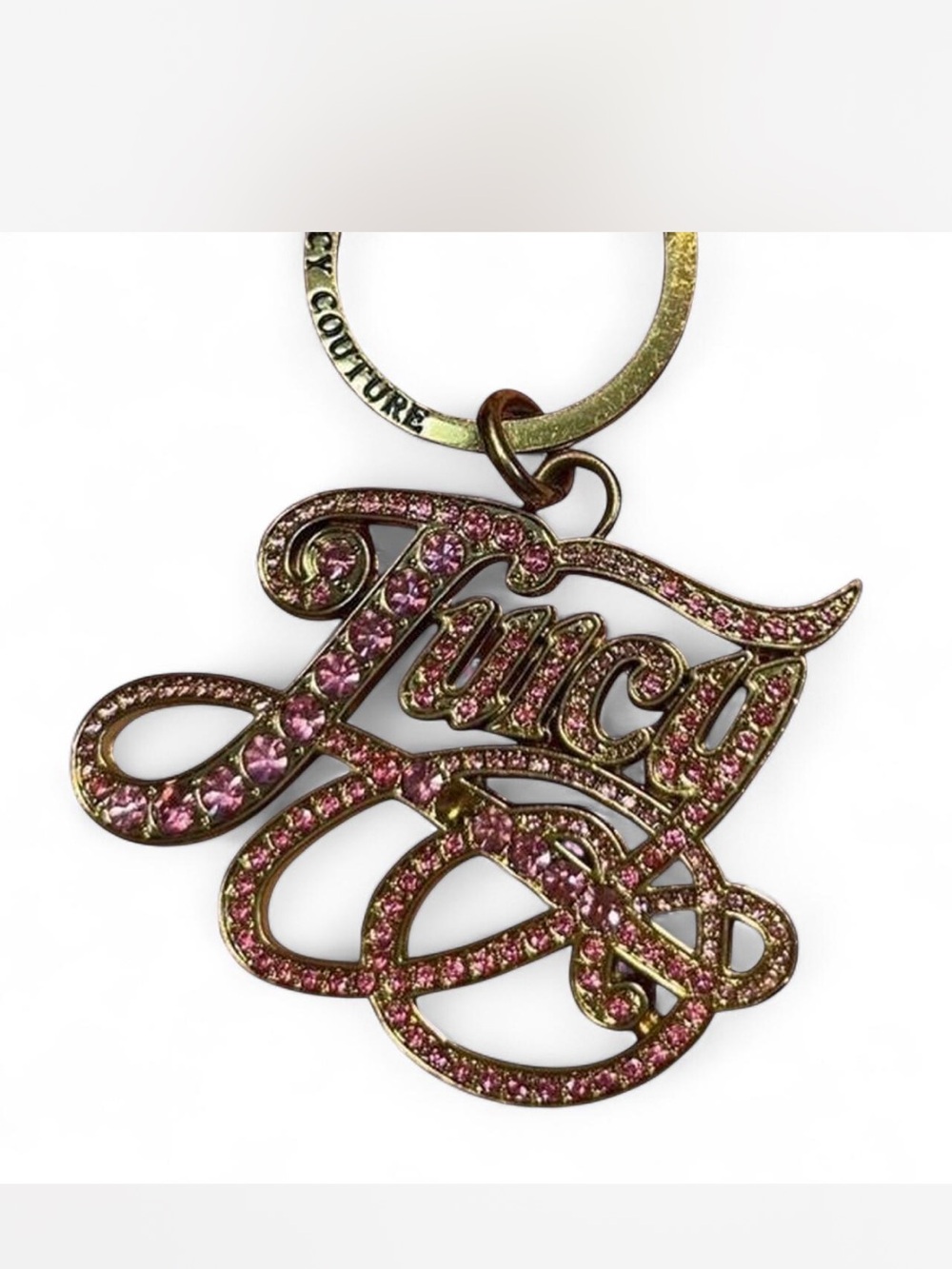 Juicy Couture Y2K Pink Rhinestone Script Logo Keychain